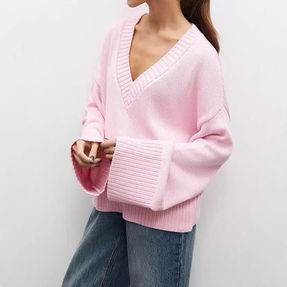 Damen Strickpullover V-Ausschnitt Breite Bündchen Eveloria