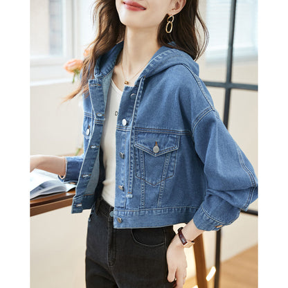 Damen Kurzjeansjacke mit Kapuze und Taschen Blau Eveloria