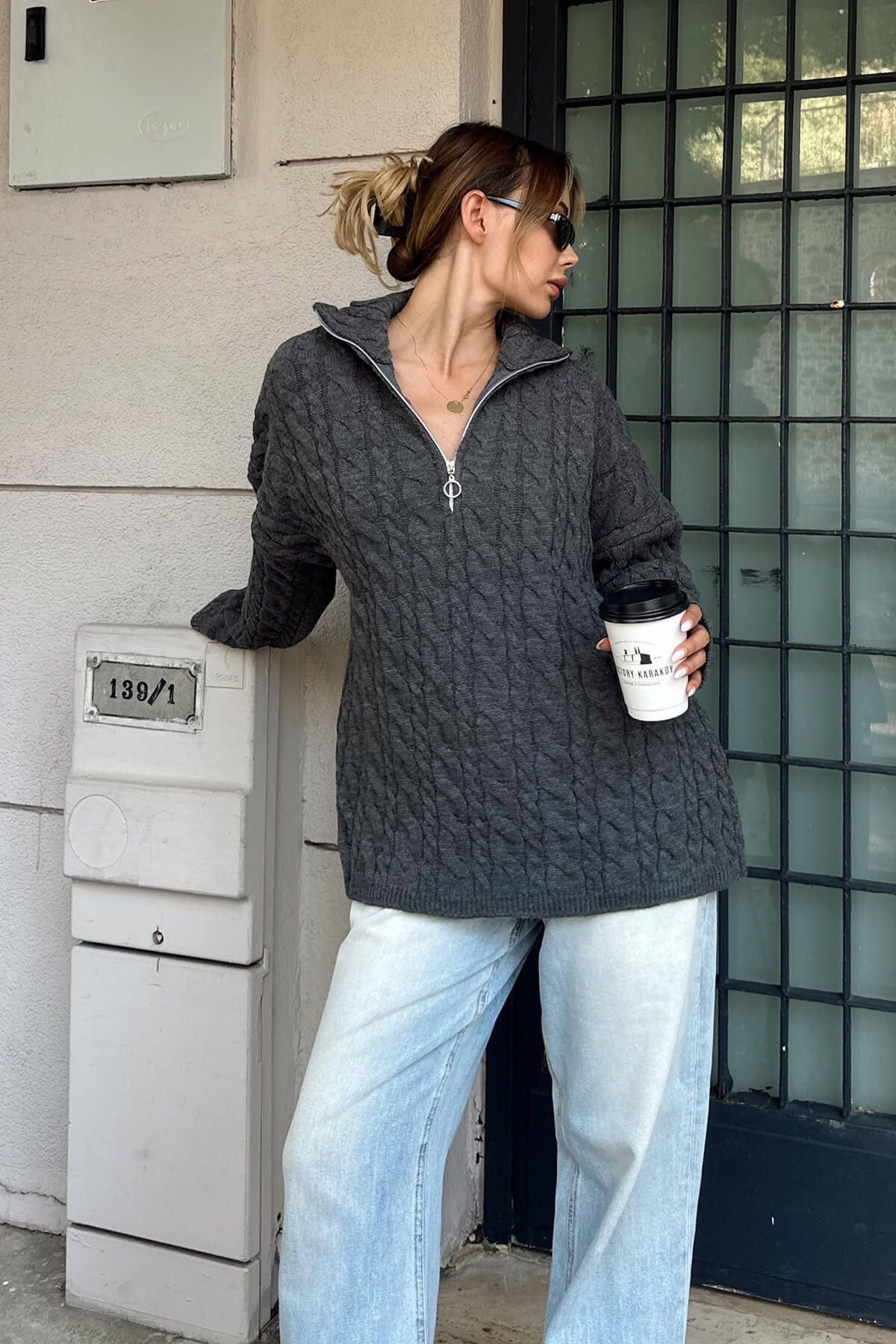 Damen Strickpullover Stehkragen Reißverschluss Grau