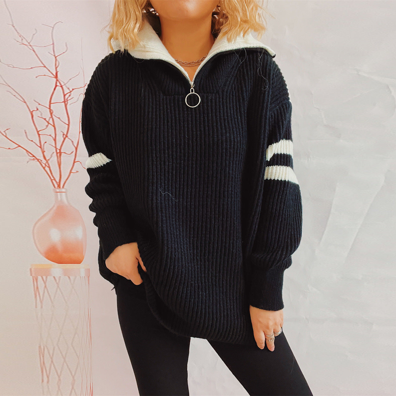 Damen Strickpullover Stehkragen Dekorative Streifen Eveloria