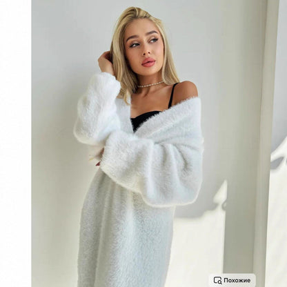 Damen Maxi Cardigan Flauschig V-Ausschnitt Oversized Beige