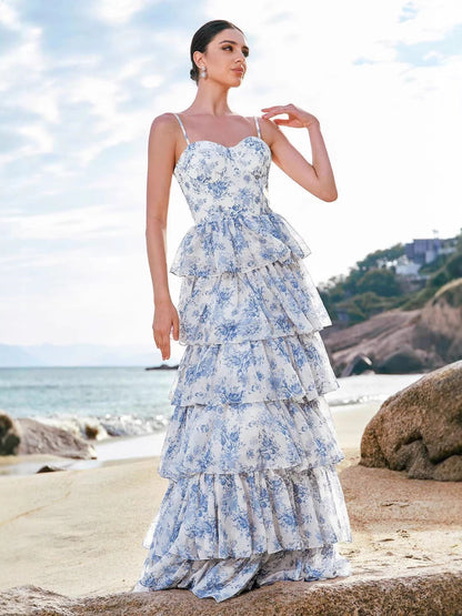 Damen Maxikleid Boho-Stil Floralmuster Herz-Ausschnitt