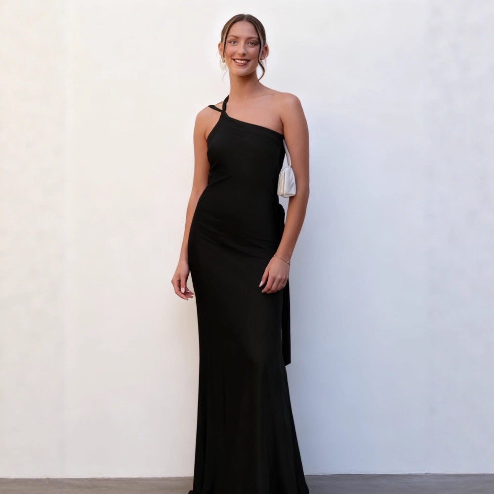 Damen Maxikleid Asymmetrisches Halterdesign Satin Schimmernd