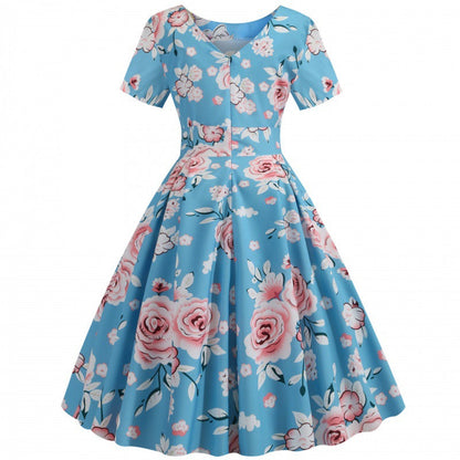 Damen A-Linien Kleid Florales Muster Schwingender Rock