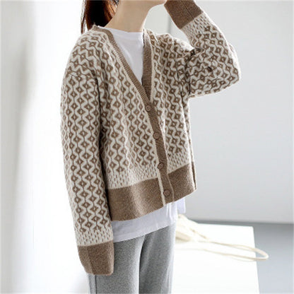 Damen Strickjacke Geometrisches Muster Knöpfe Beige