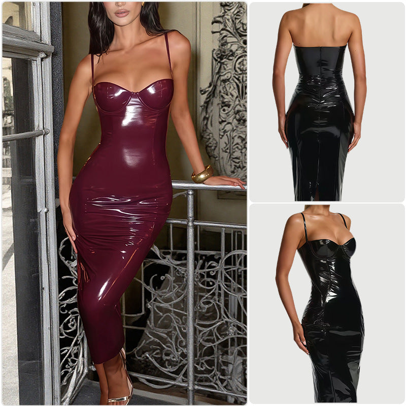 Damen Trägerloses Bodycon-Kleid Glänzend Schwarz Eveloria - Eveloria
