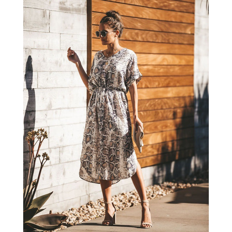 Damen Midikleid mit Schlangenprint und Gummizug
