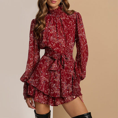 Damen Minikleid Rüschen-Details Hoher Kragen Schwarz - Eveloria