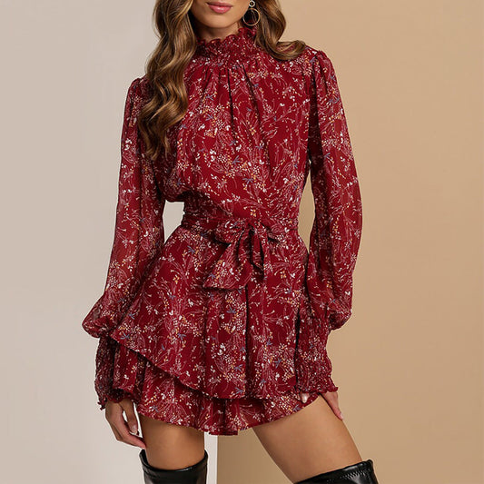 Damen Minikleid Rüschen-Details Hoher Kragen Schwarz - Eveloria
