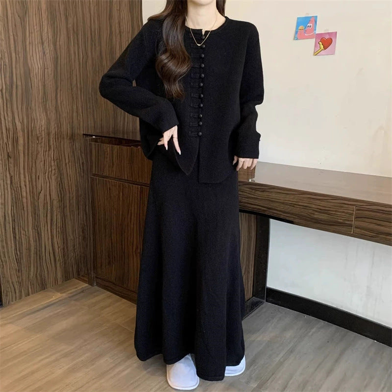 Damen Strickensemble Elegant Dekorative Knöpfe Anthrazit