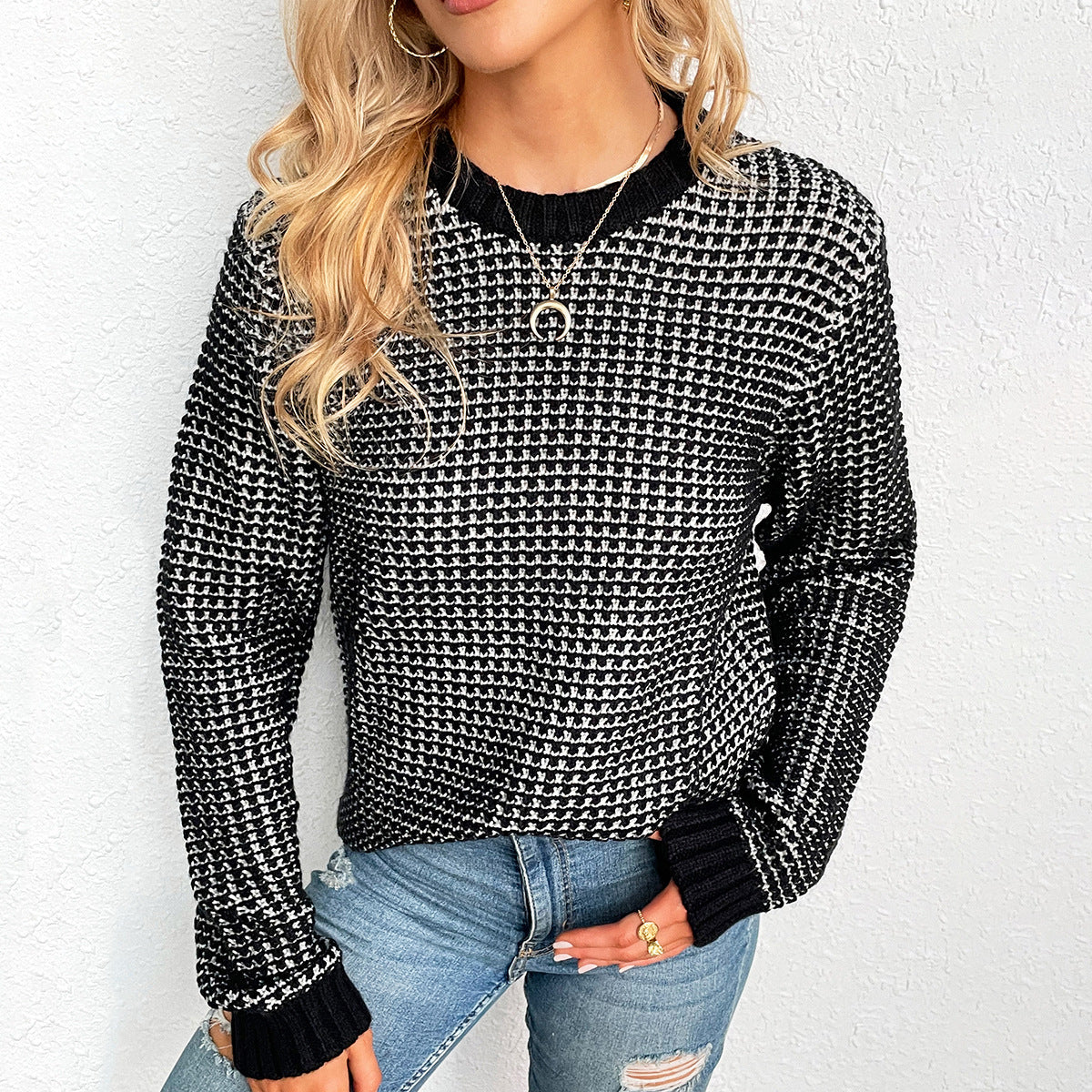 Damen Strickpullover Rautenmuster Fledermausärmel