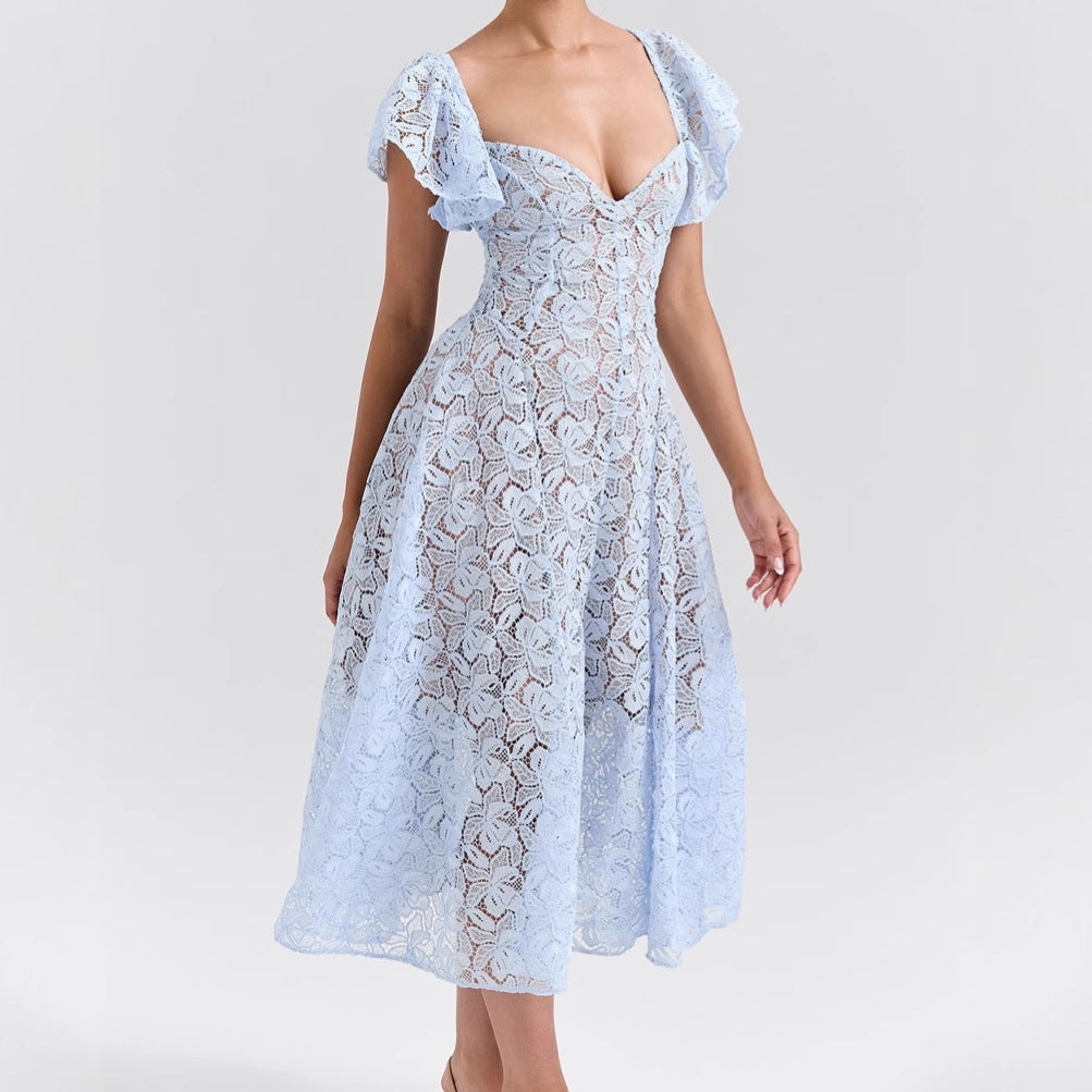 Damen Maxikleid Spitze Voluminöse Rüschen Herzförmiger Ausschnitt - Eveloria