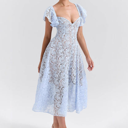 Damen Maxikleid Spitze Voluminöse Rüschen Herzförmiger Ausschnitt - Eveloria