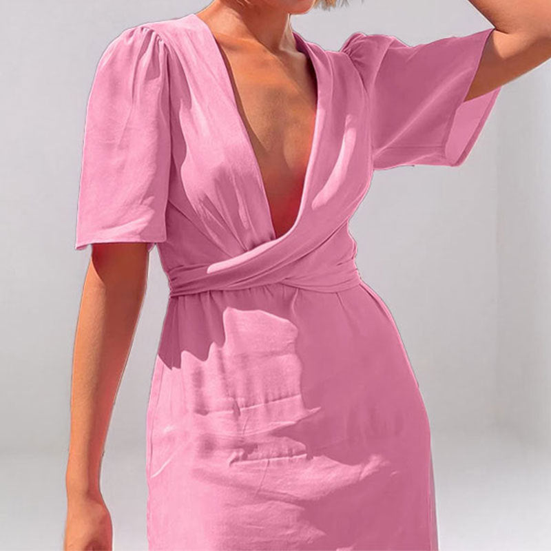 Damen Maxikleid V-Ausschnitt Puffärmel Eveloria