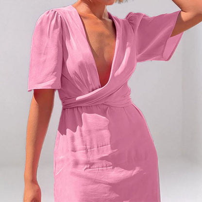 Damen Maxikleid V-Ausschnitt Puffärmel Eveloria