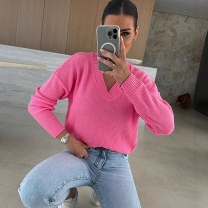 Damen Strickpullover V-Ausschnitt Strukturiert Anthrazit Eveloria