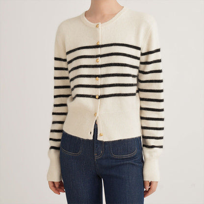 Damen Strickjacke Streifenmuster Dekorative Knöpfe Eveloria