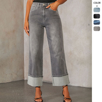Damen Weite Denim-Jeans Kontrast-Säume Blau Eveloria - Eveloria