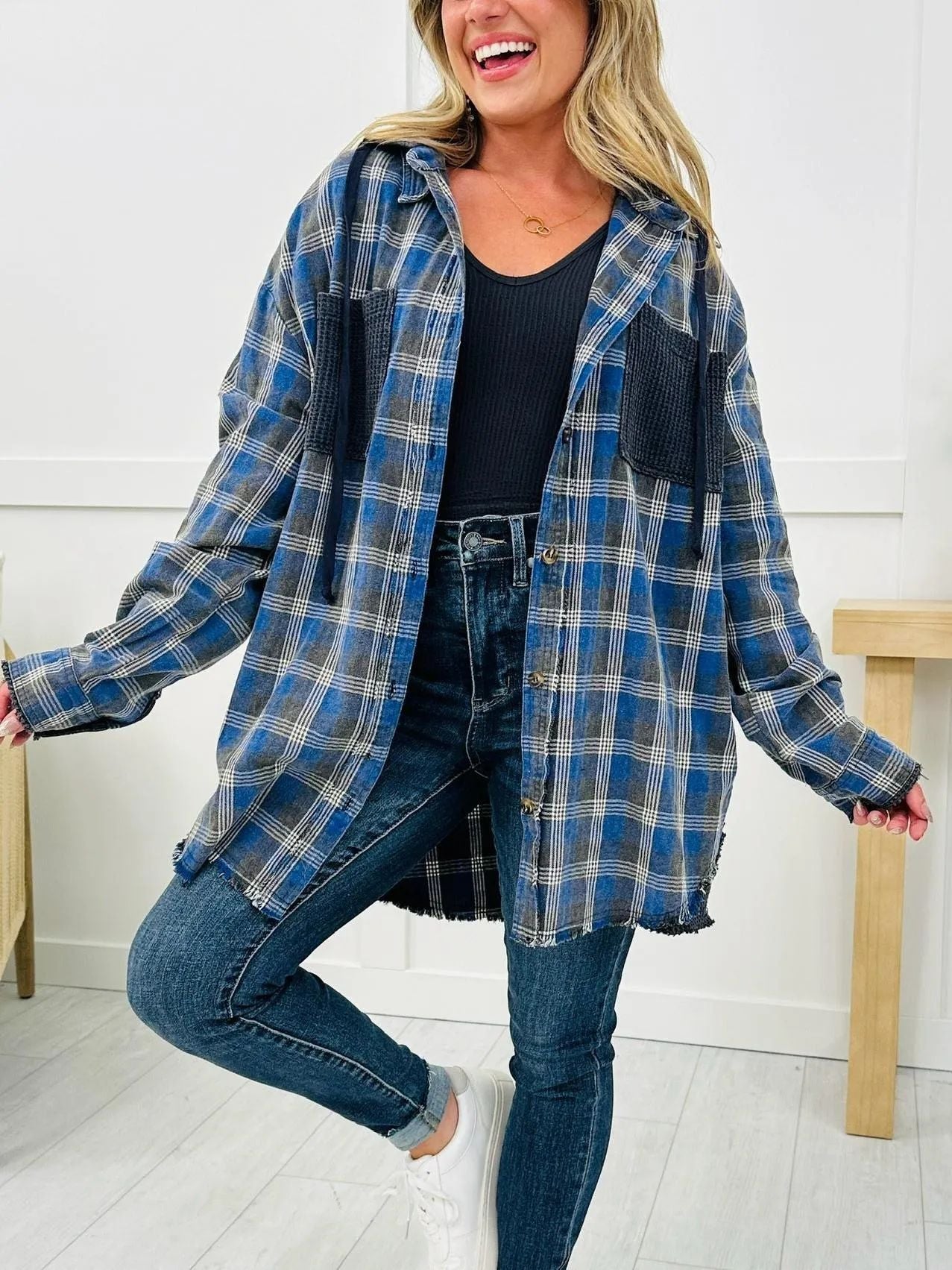 Damen Karo-Hemdjacke Oversized mit Fransen Details Braun