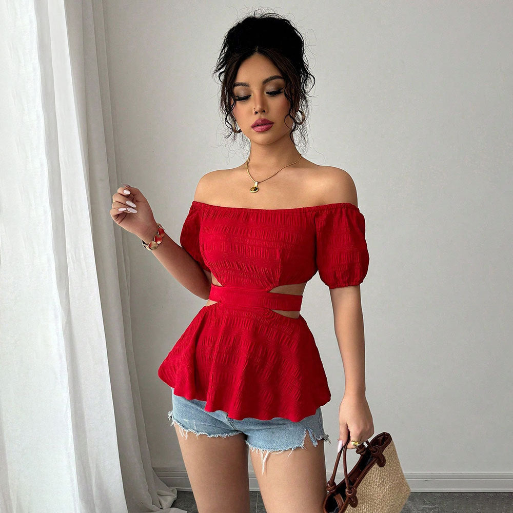 Damen Off-Shoulder Bluse Rüschensaum Seitliche Cut-Outs