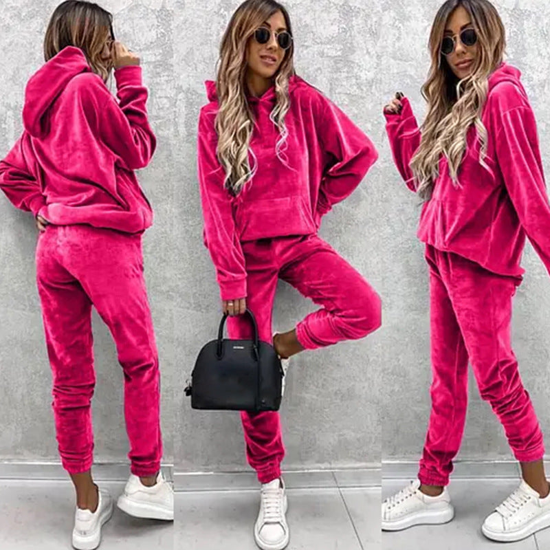 Damen Velours-Jogginganzug mit Kapuze und elastischem Bund
