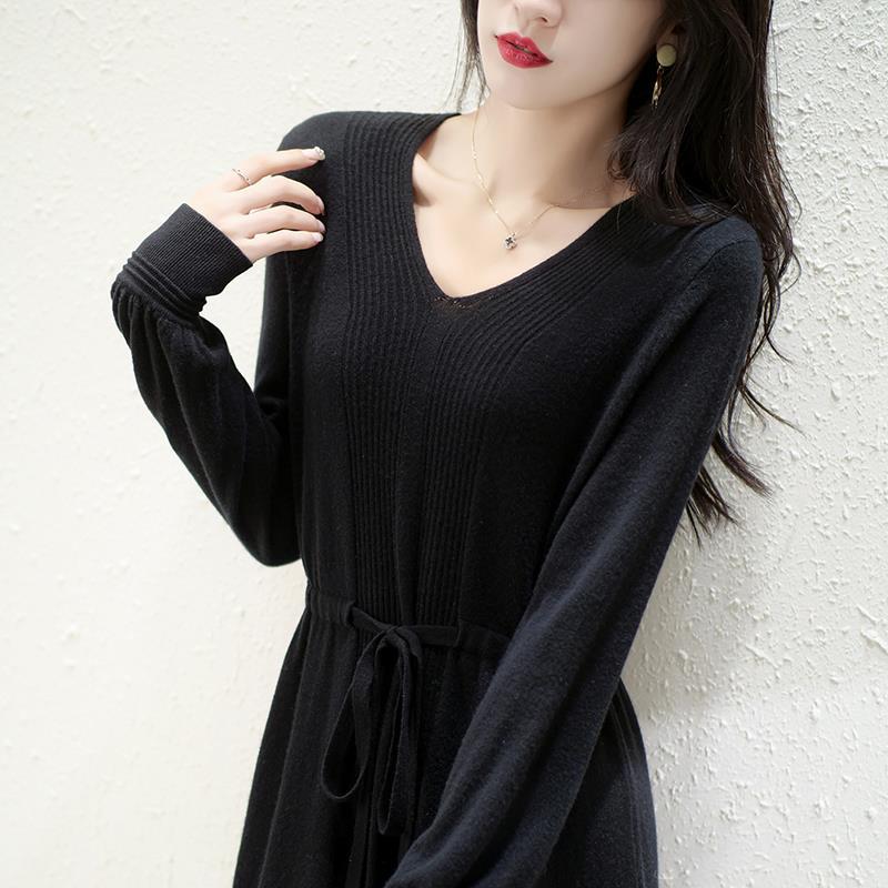Damen Strickkleid Taillierbarer Gürtel Fein Strukturiert Anthrazit