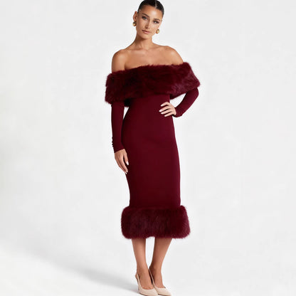 Damen Kleid Figurbetont mit abnehmbarem Kunstfell Eveloria