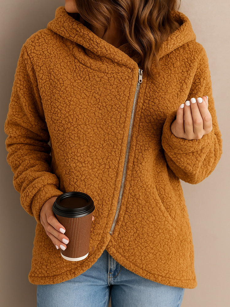 Damen Fleecejacke Asymmetrischer Reißverschluss Kapuze