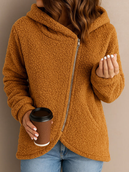 Damen Fleecejacke Asymmetrischer Reißverschluss Kapuze