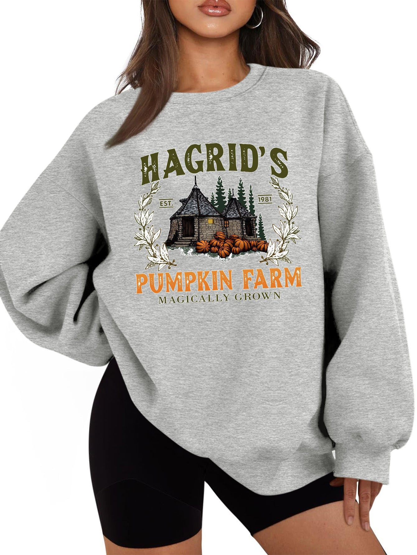 Damen Sweatshirt Rundhalsausschnitt Kürbis-Motiv Herbstlich