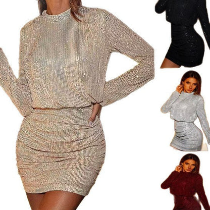 Damen Kurzkleid Glitzernd Langärmlig Eveloria