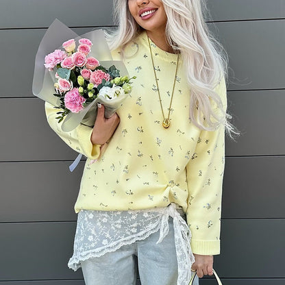 Damen Strickpullover Elegantes Design Floralmuster Eveloria