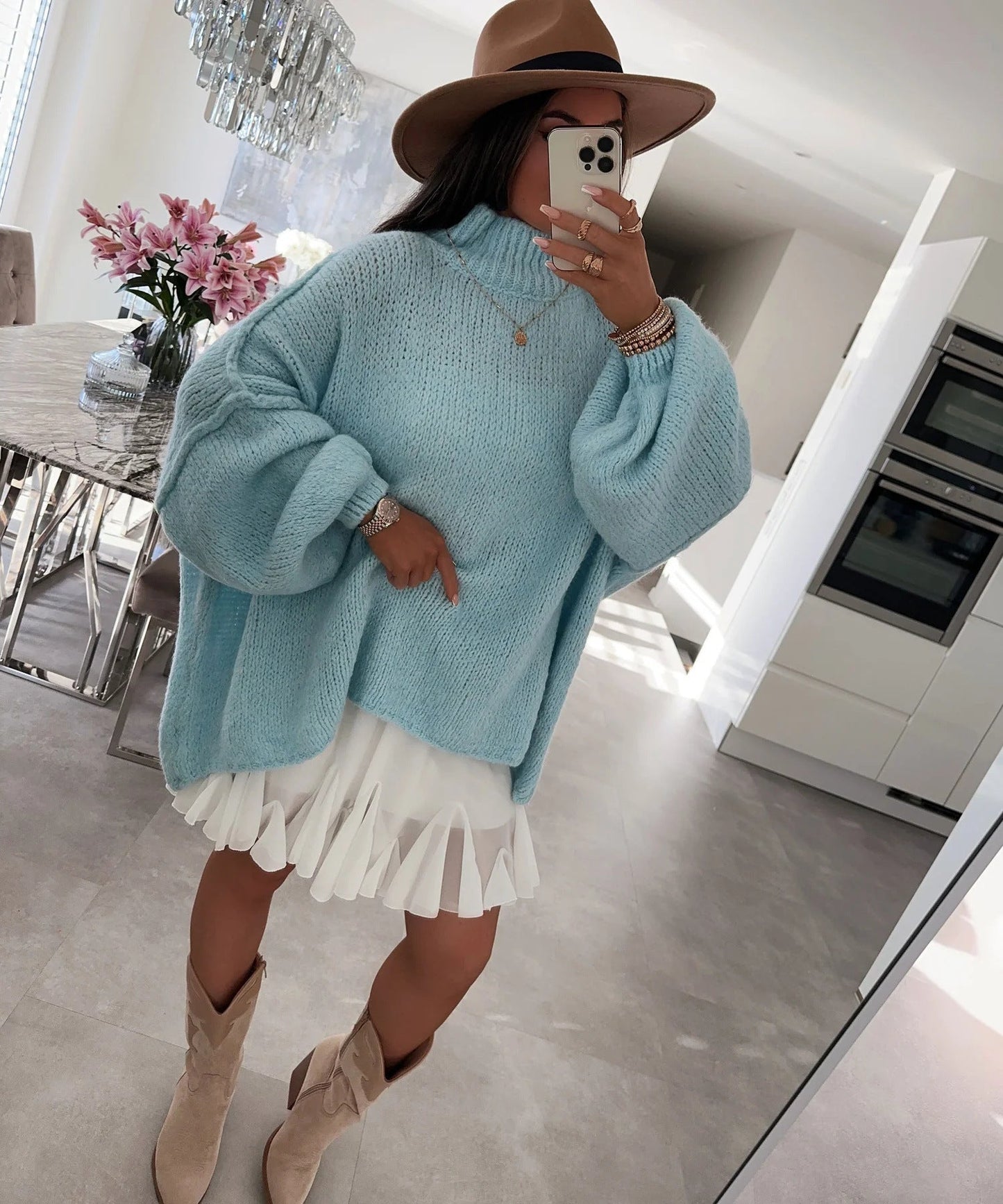 Damen Oversized Strickpullover Hoher Kragen Ballonärmel Eveloria