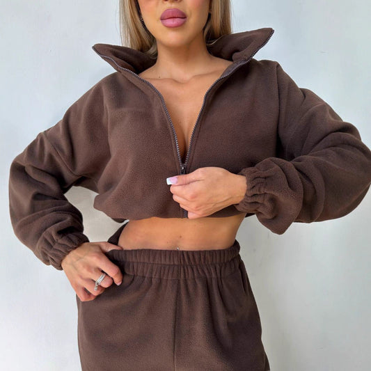 Damen Fleecejacke Cropped Reißverschluss Lässig Schwarz Eveloria - Eveloria