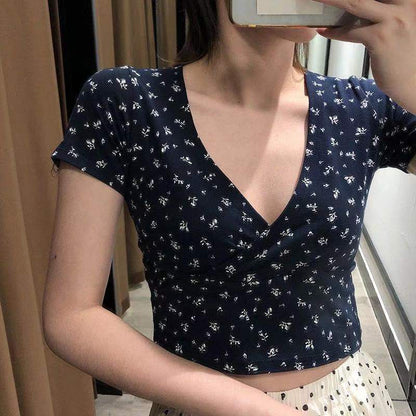 Damen Crop- Floralmuster V-Ausschnitt Elegant
