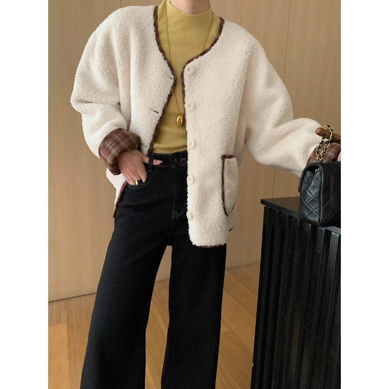 Damen Oversized Fleecejacke Kontrastdetails Kuschelig Grau