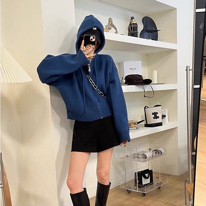 Damen Cropped Hoodie Kapuze Reißverschluss Eveloria