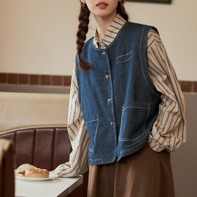 Damen Denimweste Mit Knopfverschluss Und Taschen Blau Eveloria