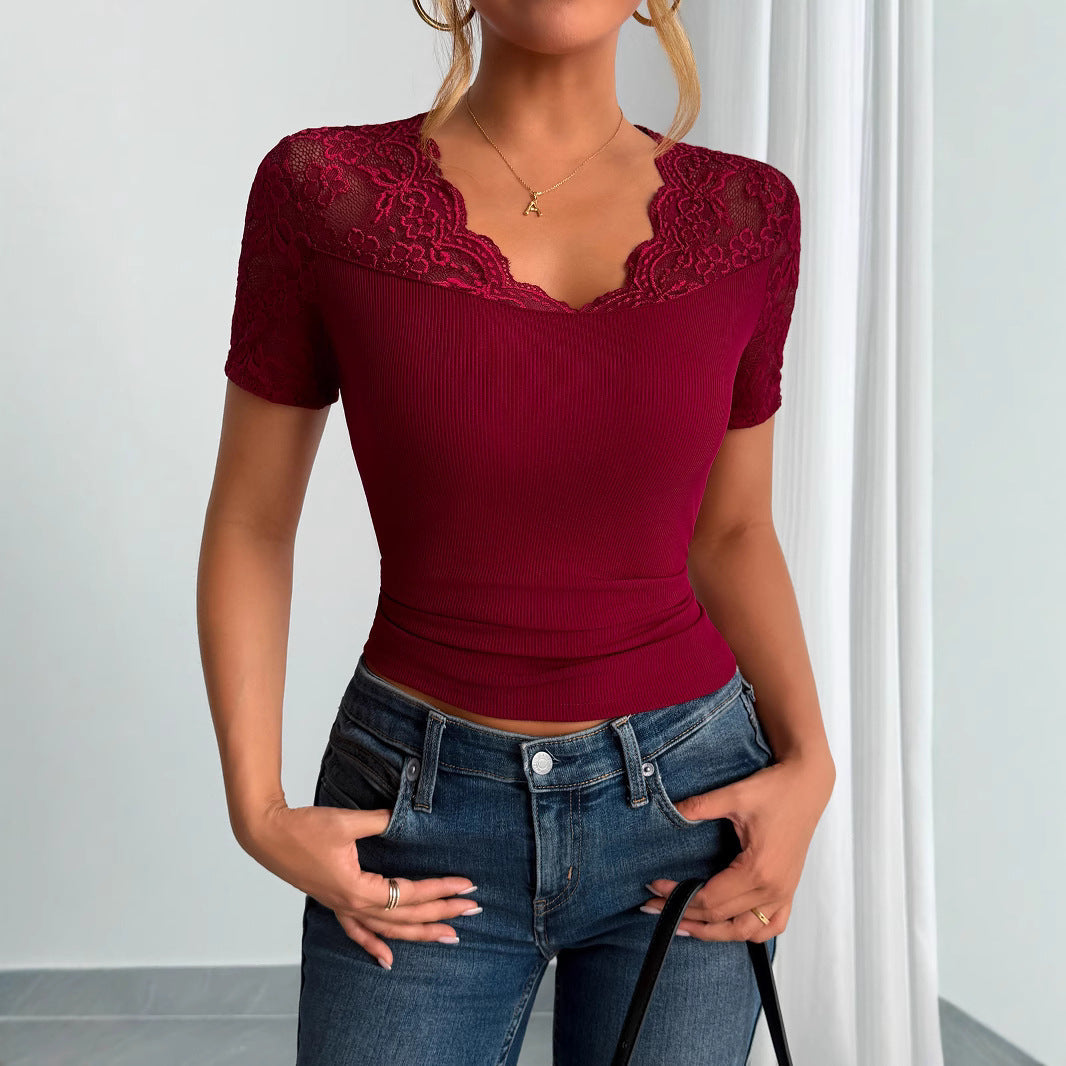 Eveloria Damen Bluse Mit Spitze Kurze Ärmel Spitzen Manschetten Weiß