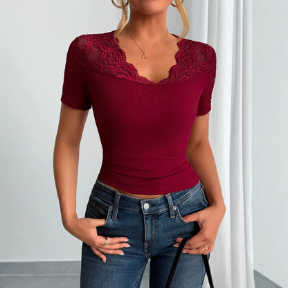 Eveloria Damen Bluse Mit Spitze Kurze Ärmel Spitzen Manschetten Weiß
