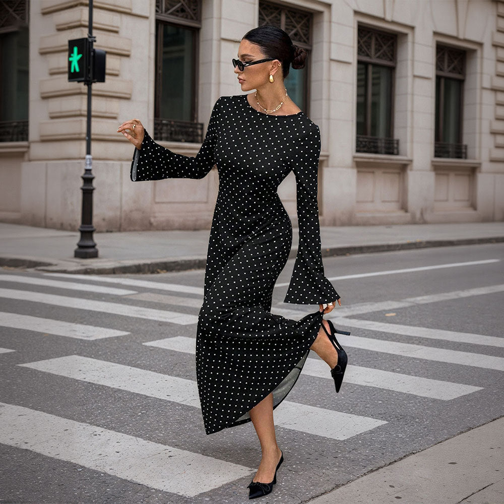 Damen Maxi-Kleid Punkte-Dessin Ärmel Elegant