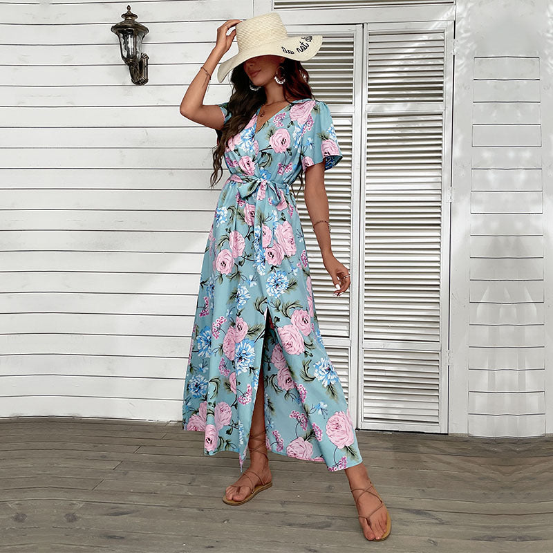 Damen Maxikleid Floralmuster Elegante Wickeloptik