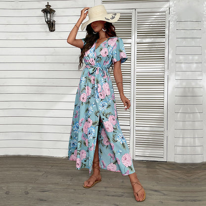 Damen Maxikleid Floralmuster Elegante Wickeloptik