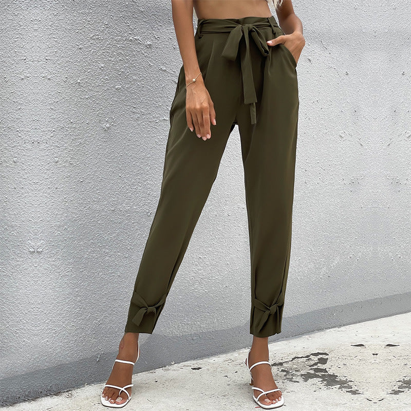Damen Chinohose Lässig Mit Bindegürtel Schwarz - Eveloria