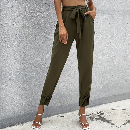 Damen Chinohose Lässig Mit Bindegürtel Schwarz - Eveloria