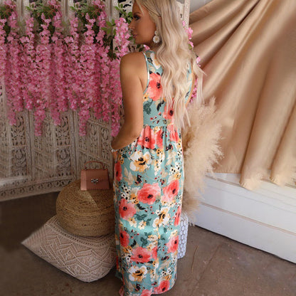 Damen Maxikleid Floralmuster Elastischer Taillenbund