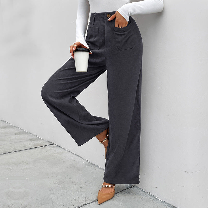 Damen Hochtaillierte Weite Hose mit Taschen und Knöpfen