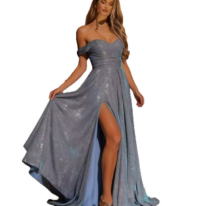 Damen Abendkleid mit Seitenschlitz Lurexstoff Eveloria