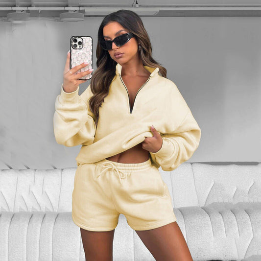 Damen Sweatpullover Kurzhose Reißverschluss Grau - Eveloria
