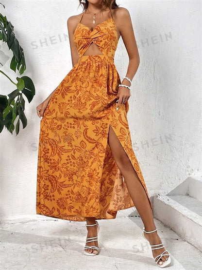 Damen Maxikleid Florales Design Cut-Out Seitenschlitz Eveloria
